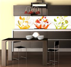 Fototapeta do kuchyně fólie 260 x 60, 197062948 - mixed fruit falling into juices splashing on white background - smíšené ovoce spadající do šťávy stříkající na bílém pozadí