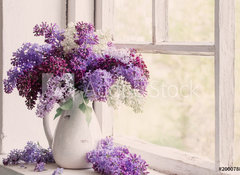 Samolepka flie 100 x 73, 200078828 - lilac in jug on old windowsill background - ek v dbnu na pozad starho parapetu