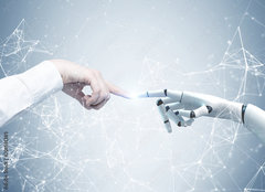 Fototapeta plátno 160 x 116, 201581385 - Human and robot hands reaching out, network - Lidské a robotické ruce natahující ruku, síť
