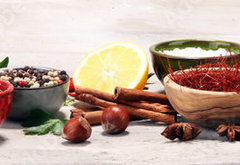 Fototapeta174 x 120  Spices and herbs on table. Food and cuisine ingredients., 174 x 120 cm