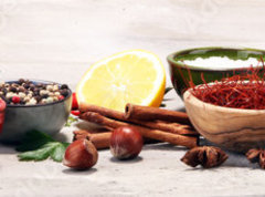 Samolepka flie 270 x 200  Spices and herbs on table. Food and cuisine ingredients., 270 x 200 cm