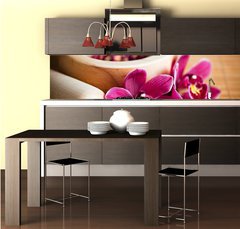 Fototapeta do kuchyně fólie 260 x 60, 20493458 - Composition zen - fleurs orchidée et mortier bois - Složení zen