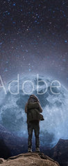 Samolepka na dvee flie 90 x 220, 205708981 - a man with backpack standing on mountain peak at night, and silhouette mountain with bright full moon and sky full of stars