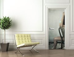 Samolepka na dvee flie 90 x 220  Stunning brunette beauty sitting on a chair, 90 x 220 cm