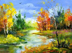 Samolepka flie 100 x 73, 21413236 - Autumn landscape with the wood river