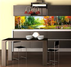 Fototapeta do kuchyn flie 260 x 60  Autumn landscape with the wood river, 260 x 60 cm