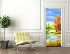 Samolepka na dvee flie 90 x 220  Autumn landscape with the wood river, 90 x 220 cm