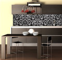 Fototapeta do kuchyn flie 260 x 60, 215761199 - Wallpaper in the style of Baroque. Seamless vector background. Black floral ornament. Graphic pattern for fabric, wallpaper, packaging. Ornate Damask flower ornament