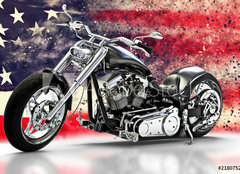 Fototapeta papr 160 x 116, 218075283 - Custom black motorcycle with American flag background with dispersion effects. Made in America concept. 3d rendering