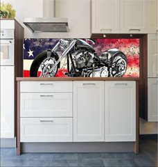 Fototapeta do kuchyn flie 180 x 60, 218075283 - Custom black motorcycle with American flag background with dispersion effects. Made in America concept. 3d rendering