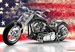 Fototapeta papr 184 x 128, 218075283 - Custom black motorcycle with American flag background with dispersion effects. Made in America concept. 3d rendering
