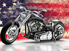 Samolepka flie 270 x 200, 218075283 - Custom black motorcycle with American flag background with dispersion effects. Made in America concept. 3d rendering