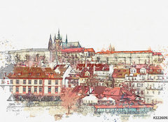 Samolepka flie 100 x 73, 222609286 - illustration of a beautiful view of Prague in the Czech Republic. Watercolor sketch