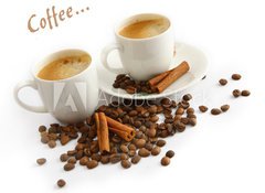 Samolepka flie 100 x 73, 22406738 - Coffee cup and grain on white background - lek kvy a zrna na blm pozad