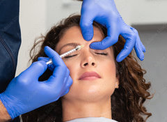 Samolepka flie 100 x 73, 225081708 - Close up of beautician experts hands injecting botox in female forehead.