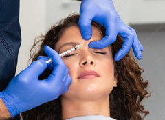Fototapeta254 x 184  Close up of beautician experts hands injecting botox in female forehead., 254 x 184 cm