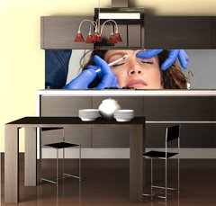 Fototapeta do kuchyně fólie 260 x 60, 225081708 - Close up of beautician experts hands injecting botox in female forehead.
