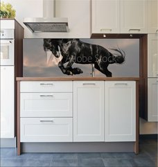 Fototapeta do kuchyn flie 180 x 60, 22600957 - black friesian stallion gallop in sunset - ern frsk hebec cval v zpadu slunce