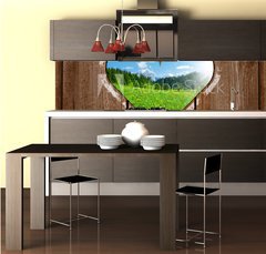 Fototapeta do kuchyně fólie 260 x 60, 22758640 - Blick aus dem Plumpsklo auf die Alpenlandschaft - Pohled z domu na alpskou krajinu