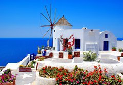 Samolepka flie 145 x 100, 22813395 - Windmill on Santorini island, Greece