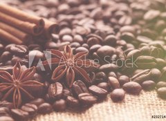 Samolepka flie 100 x 73, 232714184 - Aromatic roasted coffee beans and anis or badian, sticks of natural cinnamon on  background close up