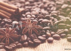 Fototapeta papr 160 x 116, 232714184 - Aromatic roasted coffee beans and anis or badian, sticks of natural cinnamon on  background close up