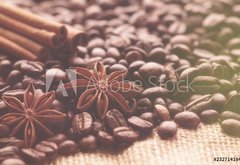 Fototapeta pltno 174 x 120, 232714184 - Aromatic roasted coffee beans and anis or badian, sticks of natural cinnamon on  background close up