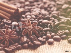 Fototapeta pltno 330 x 244, 232714184 - Aromatic roasted coffee beans and anis or badian, sticks of natural cinnamon on  background close up