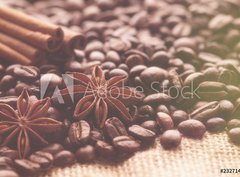 Fototapeta papír 360 x 266, 232714184 - Aromatic roasted coffee beans and anis or badian, sticks of natural cinnamon on background close up - Aromatické pražená kávová zrna a anýzu nebo badiana, tyčinky přírodní skořice na pozadí zblízka