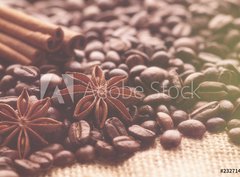 Fototapeta papr 360 x 266, 232714184 - Aromatic roasted coffee beans and anis or badian, sticks of natural cinnamon on  background close up - Aromatick praen kvov zrna a anzu nebo badiana, tyinky prodn skoice na pozad zblzka