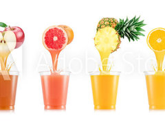 Fototapeta330 x 244  Six tastes of juice pouring in plastic cup from fruit isolated on white background, 330 x 244 cm