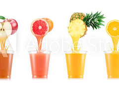 Fototapeta360 x 266  Six tastes of juice pouring in plastic cup from fruit isolated on white background, 360 x 266 cm
