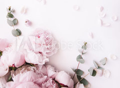 Samolepka flie 100 x 73, 235909172 - Beautiful, tender fresh blossoming aromatic pink Peony flowers and eucalyptus branches on the white background, top view, flat lay - Krsn, nn erstv kvetouc aromatick rov kvty pivoky a eukalyptov vtve na blm pozad, pohled shora, ploch rozloen