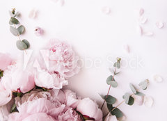Fototapeta papír 160 x 116, 235909172 - Beautiful, tender fresh blossoming aromatic pink Peony flowers and eucalyptus branches on the white background, top view, flat lay - Krásné, něžné čerstvé kvetoucí aromatické růžové květy pivoňky a eukalyptové větve na bílém pozadí, pohled shora, ploché rozložení
