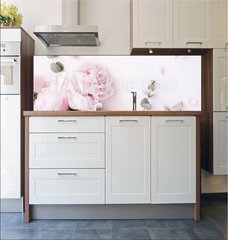 Fototapeta do kuchyn flie 180 x 60, 235909172 - Beautiful, tender fresh blossoming aromatic pink Peony flowers and eucalyptus branches on the white background, top view, flat lay