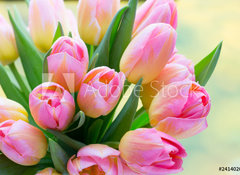 Samolepka fólie 100 x 73, 241402098 - Spring flowers. Living coral tulip bouquet on the bokeh background. - Jarní květiny. Živá korálová kytice tulipánů na pozadí bokeh.