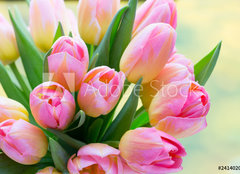 Fototapeta plátno 160 x 116, 241402098 - Spring flowers. Living coral tulip bouquet on the bokeh background. - Jarní květiny. Živá korálová kytice tulipánů na pozadí bokeh.
