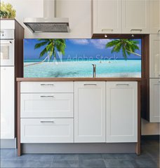 Fototapeta do kuchyn flie 180 x 60  Traumstrand in den Tropen mit trkisem Meer, Kokosnusspalmen und feinem Sand, 180 x 60 cm