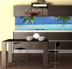Fototapeta do kuchyn flie 260 x 60  Traumstrand in den Tropen mit trkisem Meer, Kokosnusspalmen und feinem Sand, 260 x 60 cm
