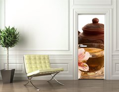 Samolepka na dvee flie 90 x 220  Cup of green tea on the table with orchid flower, 90 x 220 cm