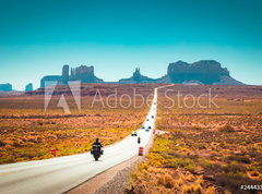 Samolepka flie 270 x 200, 244433077 - Biker on Monument Valley road at sunset, USA