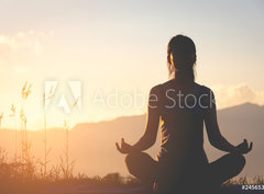 Fototapeta360 x 266  silhouette fitness girl practicing yoga on mountain, 360 x 266 cm