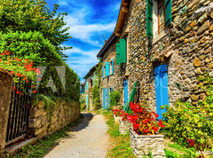 Samolepka flie 270 x 200, 246836788 - Beautiful colorful medieval alley in Yvoire town in France - Krsn barevn stedovk ulika ve mst Yvoire ve Francii