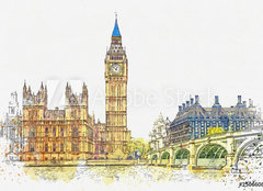 Fototapeta pltno 160 x 116, 250660877 - Watercolor sketch or illustration of a beautiful view of the Big Ben and the Houses of Parliament in London in the UK