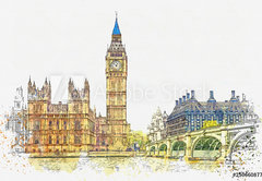 Fototapeta pltno 174 x 120, 250660877 - Watercolor sketch or illustration of a beautiful view of the Big Ben and the Houses of Parliament in London in the UK