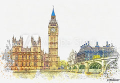 Fototapeta papr 184 x 128, 250660877 - Watercolor sketch or illustration of a beautiful view of the Big Ben and the Houses of Parliament in London in the UK