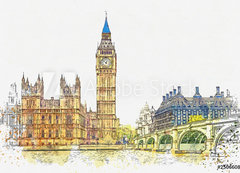 Samolepka flie 200 x 144, 250660877 - Watercolor sketch or illustration of a beautiful view of the Big Ben and the Houses of Parliament in London in the UK