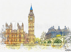 Fototapeta pltno 330 x 244, 250660877 - Watercolor sketch or illustration of a beautiful view of the Big Ben and the Houses of Parliament in London in the UK