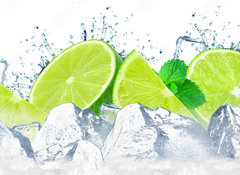 Samolepka flie 100 x 73, 252285331 - lime water splash and ice cubes isolated on the white - stkajc voda z vpna a kostky ledu izolovan na blm