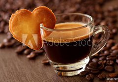Fototapeta184 x 128  Espresso coffee with cake on brown background, 184 x 128 cm
